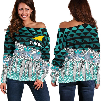 Tokelau Women Off Shoulder Sweaters - Coconut Leaves Weave Pattern Blue