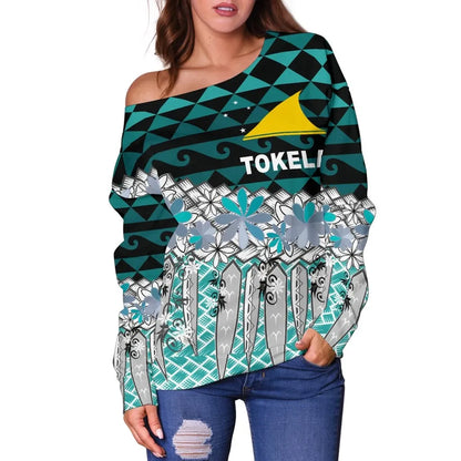 Tokelau Women Off Shoulder Sweaters - Coconut Leaves Weave Pattern Blue