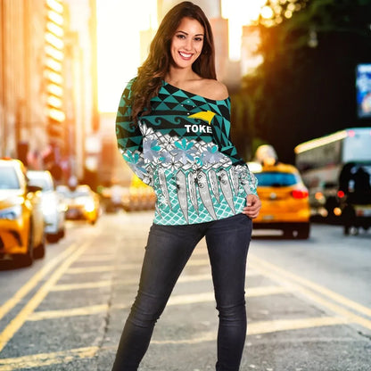 Tokelau Women Off Shoulder Sweaters - Coconut Leaves Weave Pattern Blue