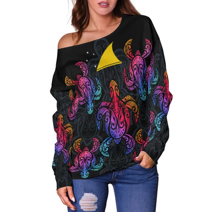 Tokelau Women Off Shoulder Sweaters - Sea Turtle In Tribal Polynesian Style