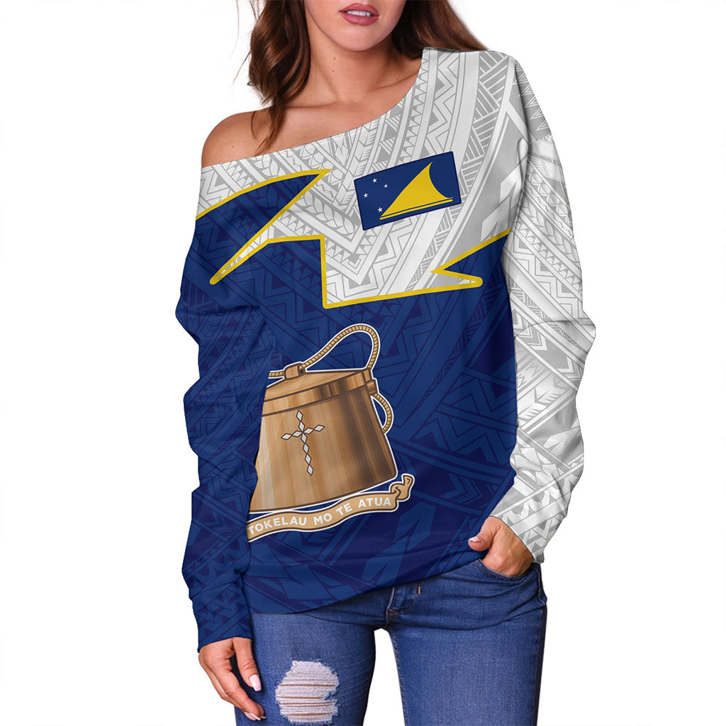 Tokelau Off Shoulder Sweatshirt Polynesian Tattoo Flag And Coat Of Arms