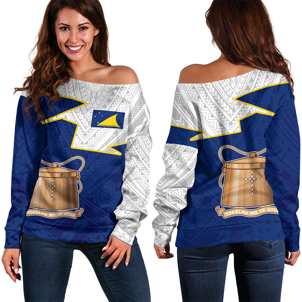 Tokelau Off Shoulder Sweatshirt Polynesian Tattoo Flag And Coat Of Arms