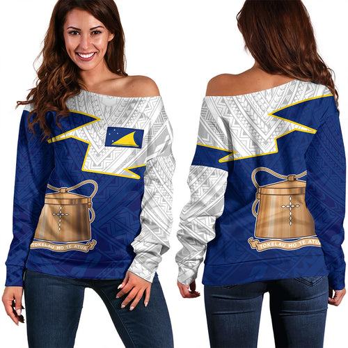 Tokelau Off Shoulder Sweatshirt Polynesian Tattoo Flag And Coat Of Arms