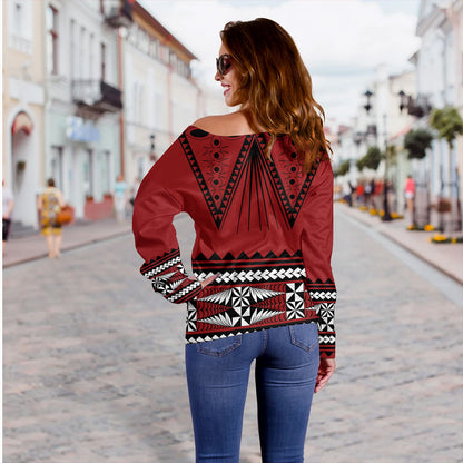 Tonga Off Shoulder Sweatshirt Polynesia Island Ngatu Pattern Style