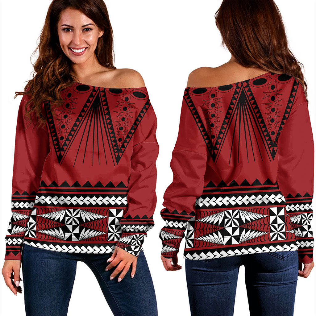 Tonga Off Shoulder Sweatshirt Polynesia Island Ngatu Pattern Style