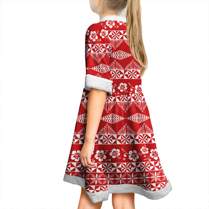 Tonga Women and Kid Christmas Dress Ngatu Design Pattern Hibiscus