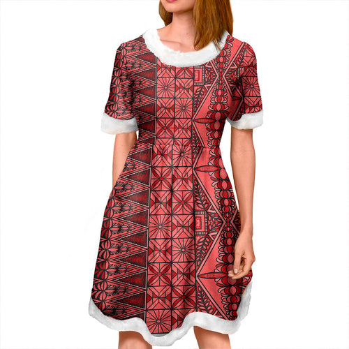 Tonga Women and Kid Christmas Dress Ngatu Fabric Red