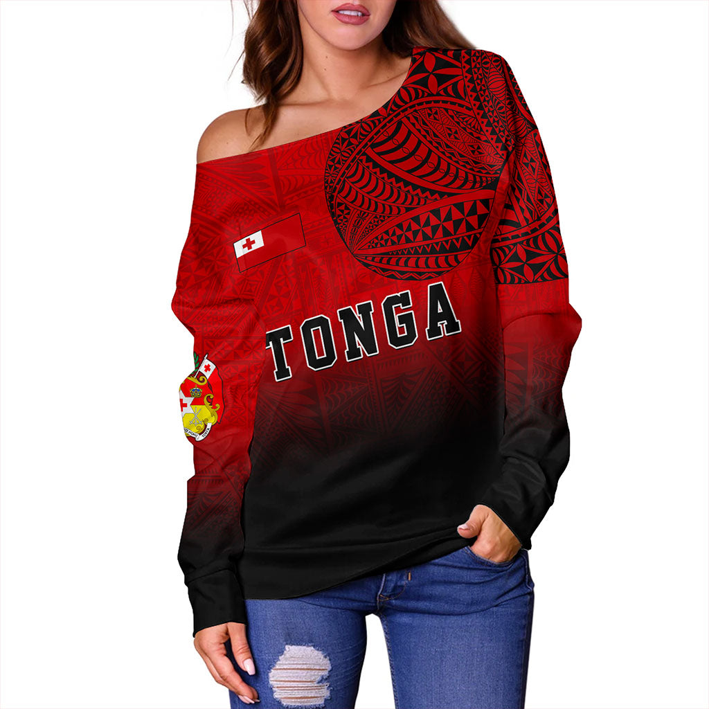 Tonga Off Shoulder Sweatshirt Tattoo Ngatu Coat Of Arms Tribal