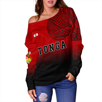 Tonga Off Shoulder Sweatshirt Tattoo Ngatu Coat Of Arms Tribal