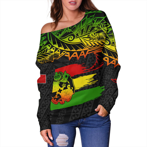 Tonga Off Shoulder Sweatshirt Tribal Polynesian Grunge Reggae