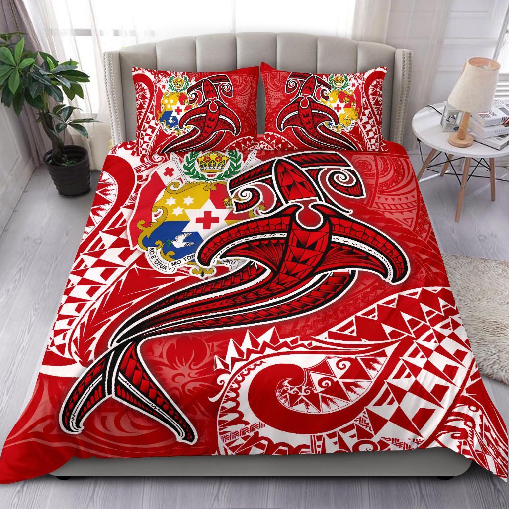 Tonga Bedding Set - Red Shark Polynesian Tattoo