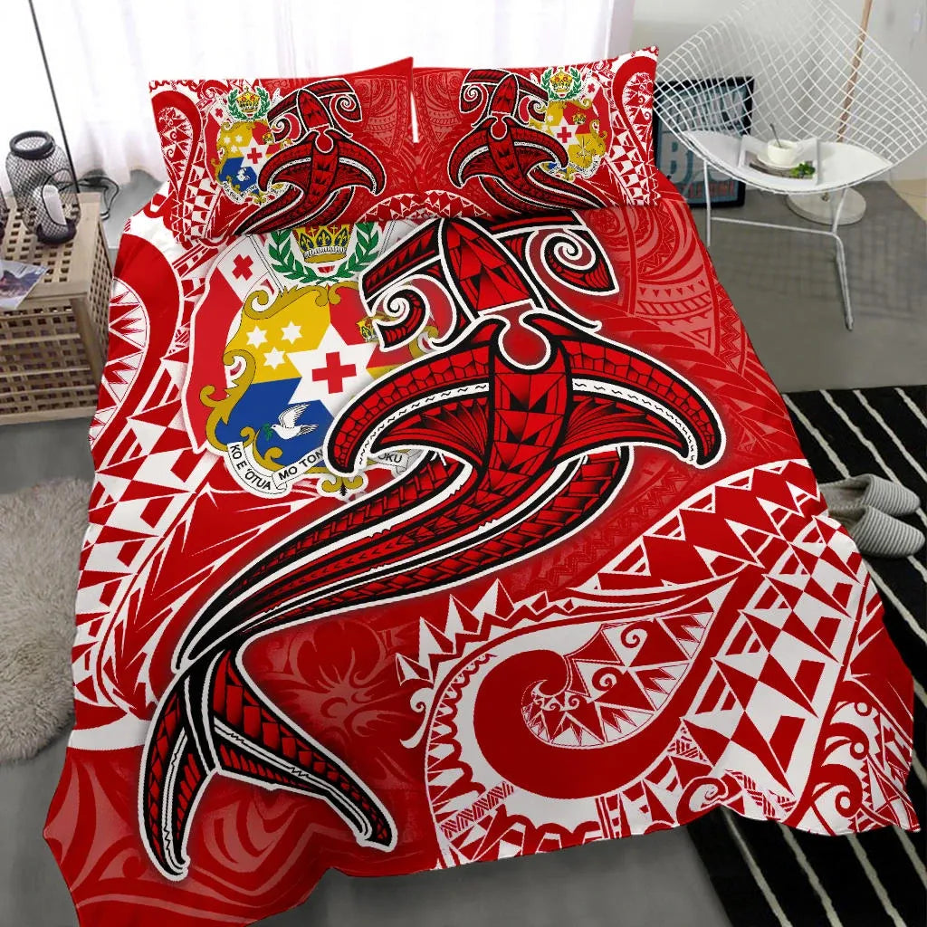 Tonga Bedding Set - Red Shark Polynesian Tattoo