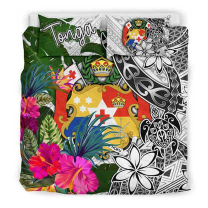 Tonga Bedding Set White - Turtle Plumeria Banana Leaf