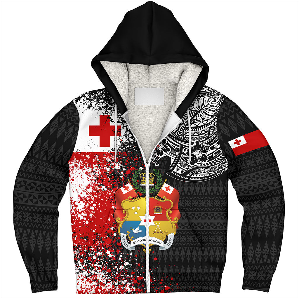 Tonga Sherpa Hoodie Flag Brush Paint Style
