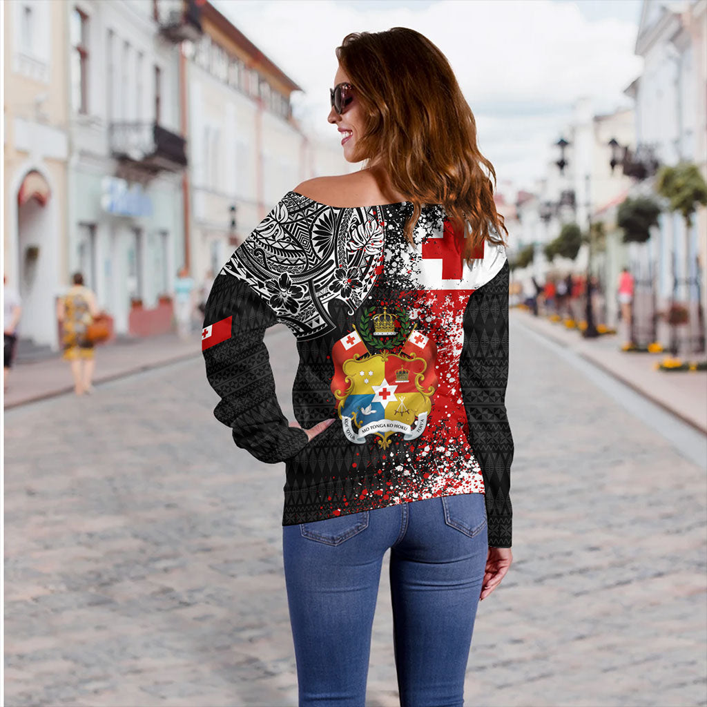 Tonga Off Shoulder Sweatshirt Flag Brush Paint Style