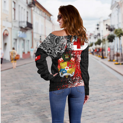 Tonga Off Shoulder Sweatshirt Flag Brush Paint Style