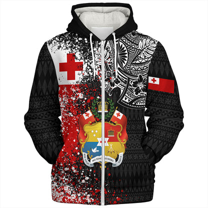 Tonga Sherpa Hoodie Flag Brush Paint Style