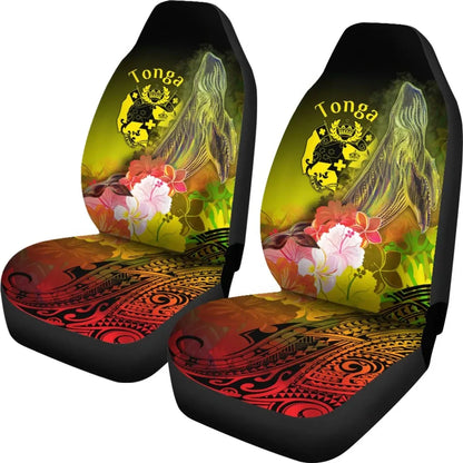 Tonga Car Seat Covers - Humpback Whale with Tropical Flowers (Yellow)
