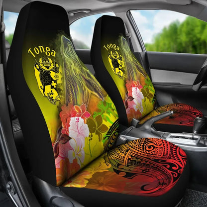 Tonga Car Seat Covers - Humpback Whale with Tropical Flowers (Yellow)