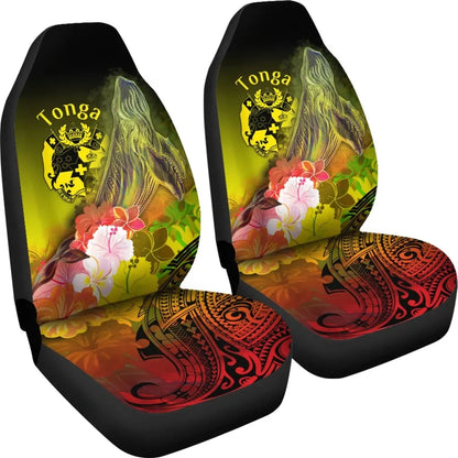 Tonga Car Seat Covers - Humpback Whale with Tropical Flowers (Yellow)