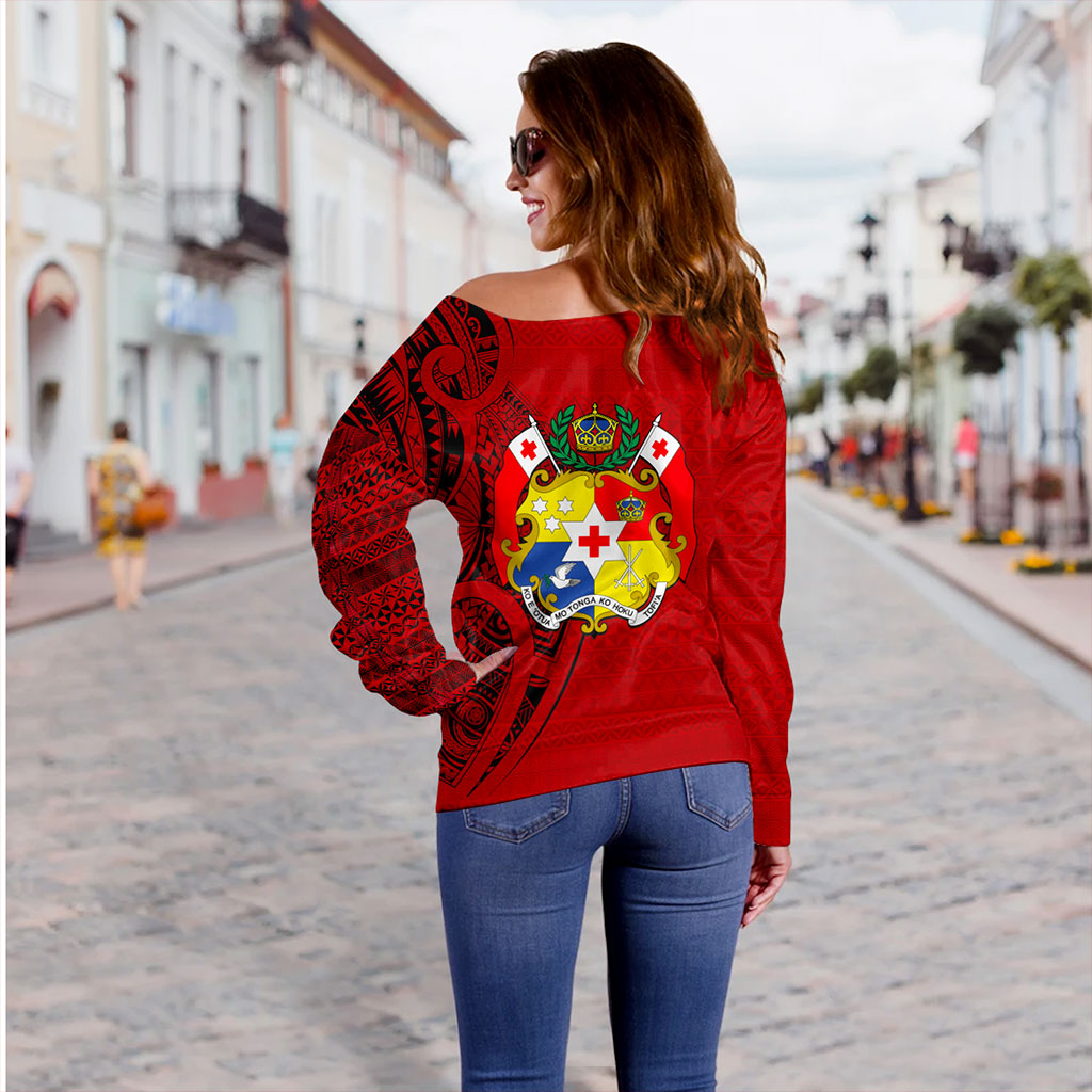 Tonga Off Shoulder Sweatshirt Coat Of Arms Tribal Polynesian