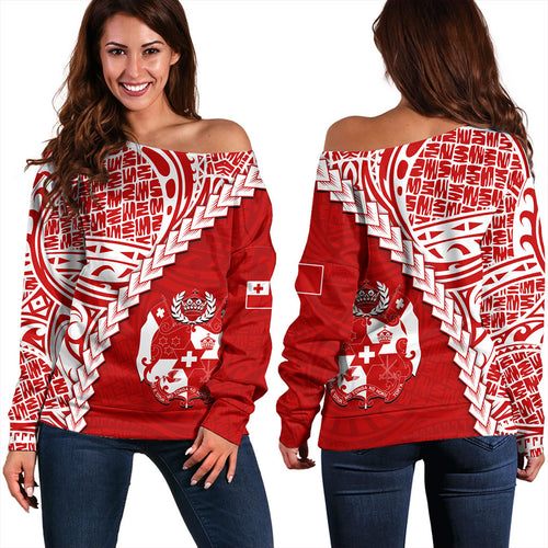 Tonga Off Shoulder Sweatshirt Lauhala Tribal Coat Of Arms