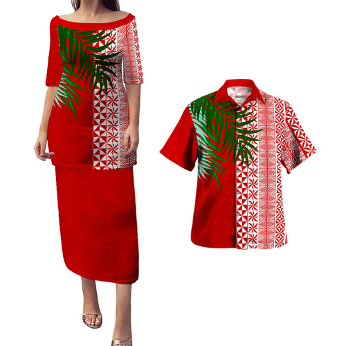 Tonga Combo Puletasi And Shirt Ngatu Design Pattern Leaves
