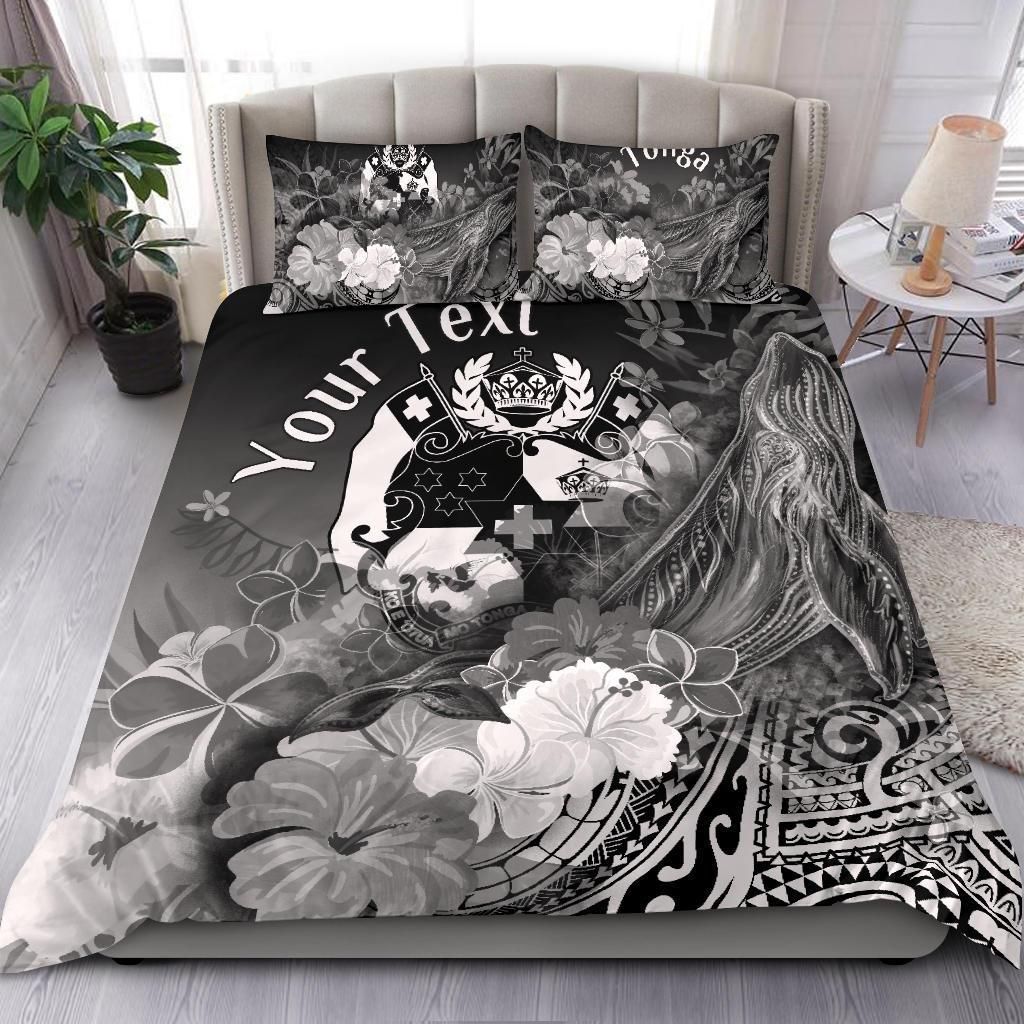 Tonga Custom Personalised Bedding Set - Humpback Whale With Tropical Flowers (White)
