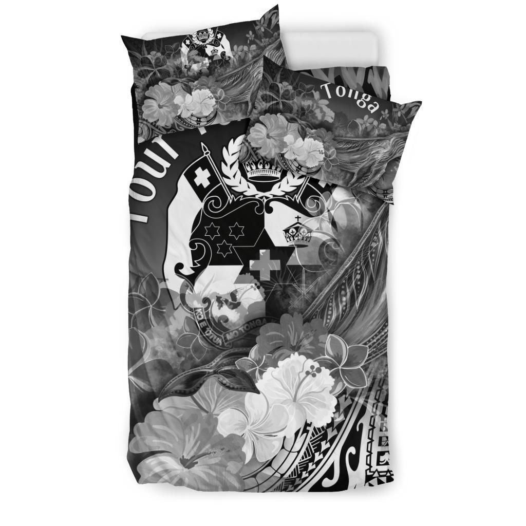 Tonga Custom Personalised Bedding Set - Humpback Whale With Tropical Flowers (White)
