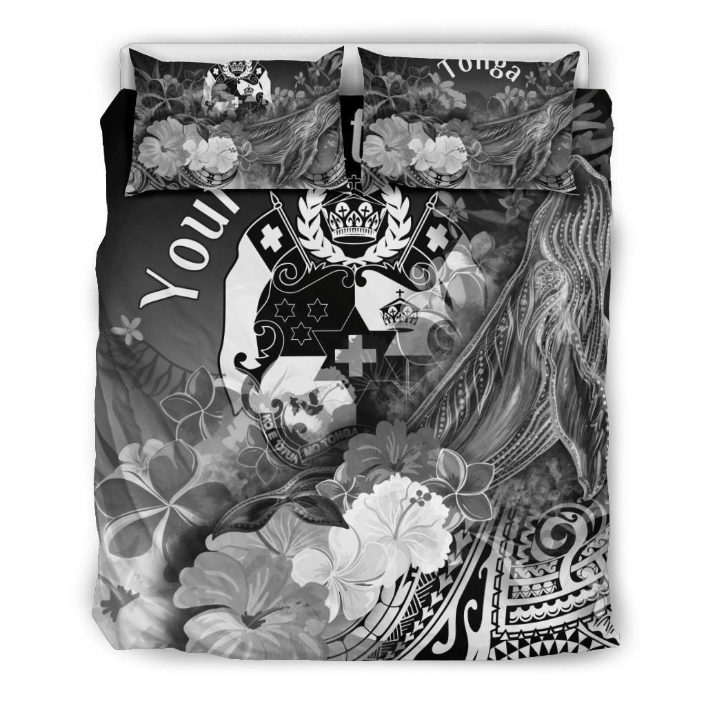 Tonga Custom Personalised Bedding Set - Humpback Whale With Tropical Flowers (White)