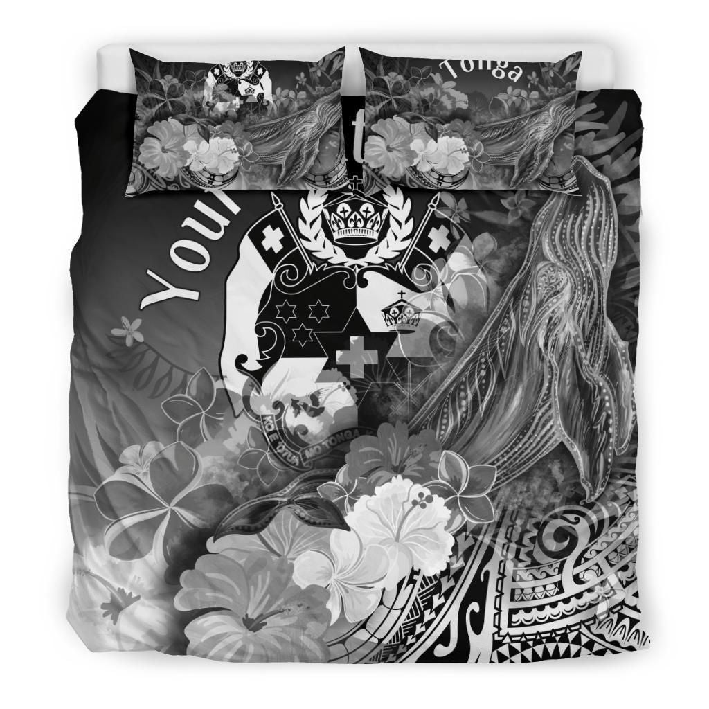 Tonga Custom Personalised Bedding Set - Humpback Whale With Tropical Flowers (White)