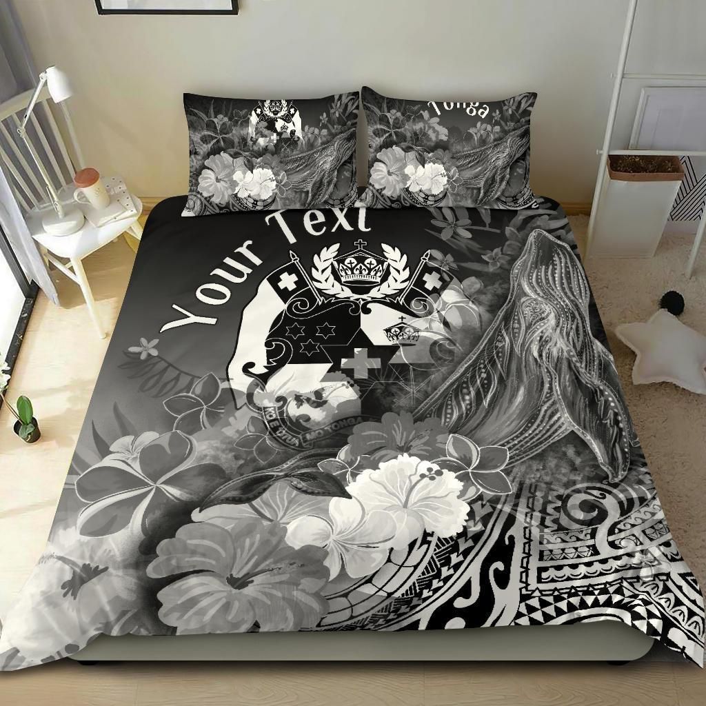 Tonga Custom Personalised Bedding Set - Humpback Whale With Tropical Flowers (White)