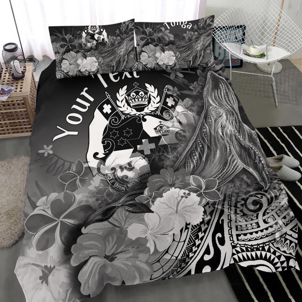 Tonga Custom Personalised Bedding Set - Humpback Whale With Tropical Flowers (White)