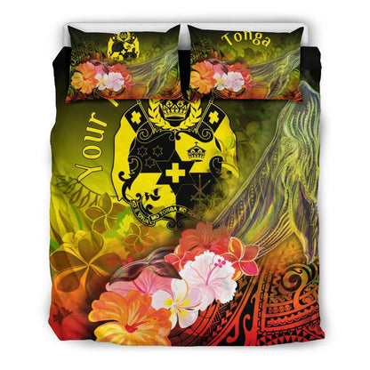 Tonga Custom Personalised Bedding Set - Humpback Whale With Tropical Flowers (Yellow)