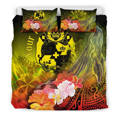 Tonga Custom Personalised Bedding Set - Humpback Whale With Tropical Flowers (Yellow)
