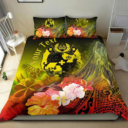 Tonga Custom Personalised Bedding Set - Humpback Whale With Tropical Flowers (Yellow)