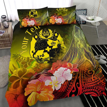 Tonga Custom Personalised Bedding Set - Humpback Whale With Tropical Flowers (Yellow)