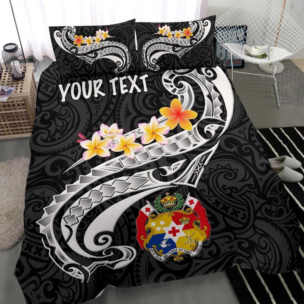 Tonga Custom Personalised Bedding Set - Tonga Seal Polynesian Patterns Plumeria (Black)