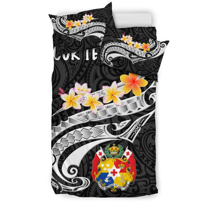 Tonga Custom Personalised Bedding Set - Tonga Seal Polynesian Patterns Plumeria (Black)