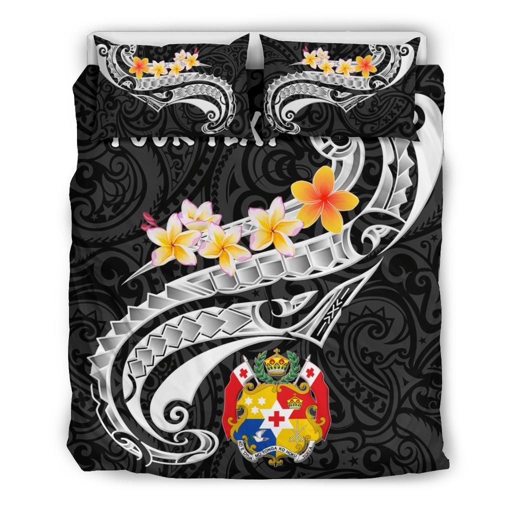 Tonga Custom Personalised Bedding Set - Tonga Seal Polynesian Patterns Plumeria (Black)