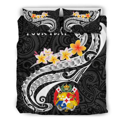 Tonga Custom Personalised Bedding Set - Tonga Seal Polynesian Patterns Plumeria (Black)