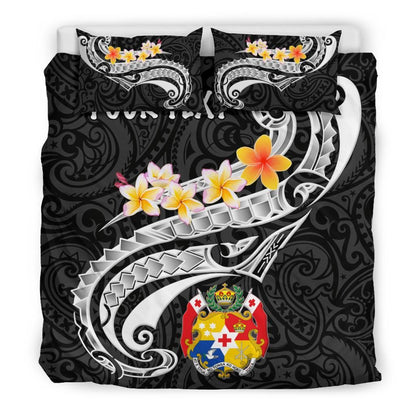 Tonga Custom Personalised Bedding Set - Tonga Seal Polynesian Patterns Plumeria (Black)