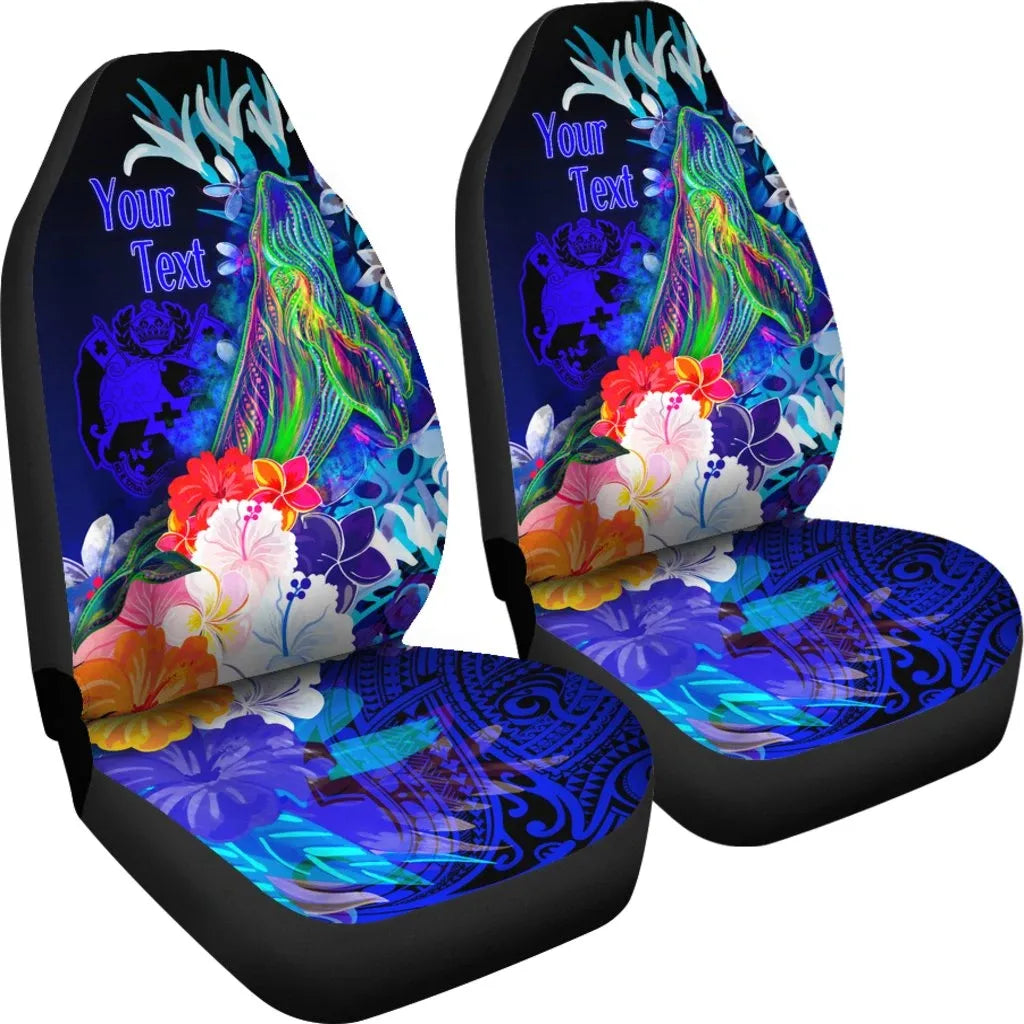 Tonga Custom Personalised Car Seat Covers - Humpback Whale with Tropical Flowers (Blue)