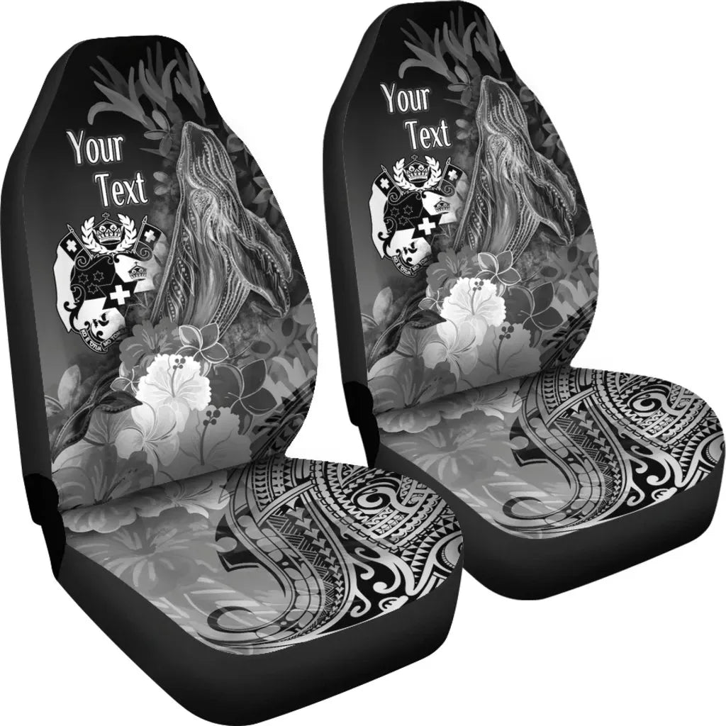 Tonga Custom Personalised Car Seat Covers - Humpback Whale with Tropical Flowers (White)