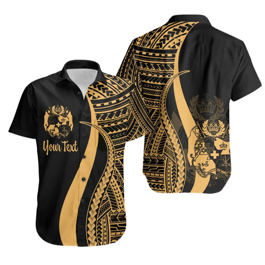 Tonga Custom Personalised Short Sleeve Shirt - Gold Polynesian Tentacle Tribal Pattern