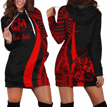 Tonga Custom Personalised Hoodie Dress - Red Polynesian Tentacle Pattern