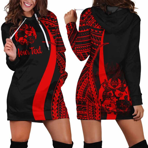Tonga Custom Personalised Hoodie Dress - Red Polynesian Tentacle Pattern