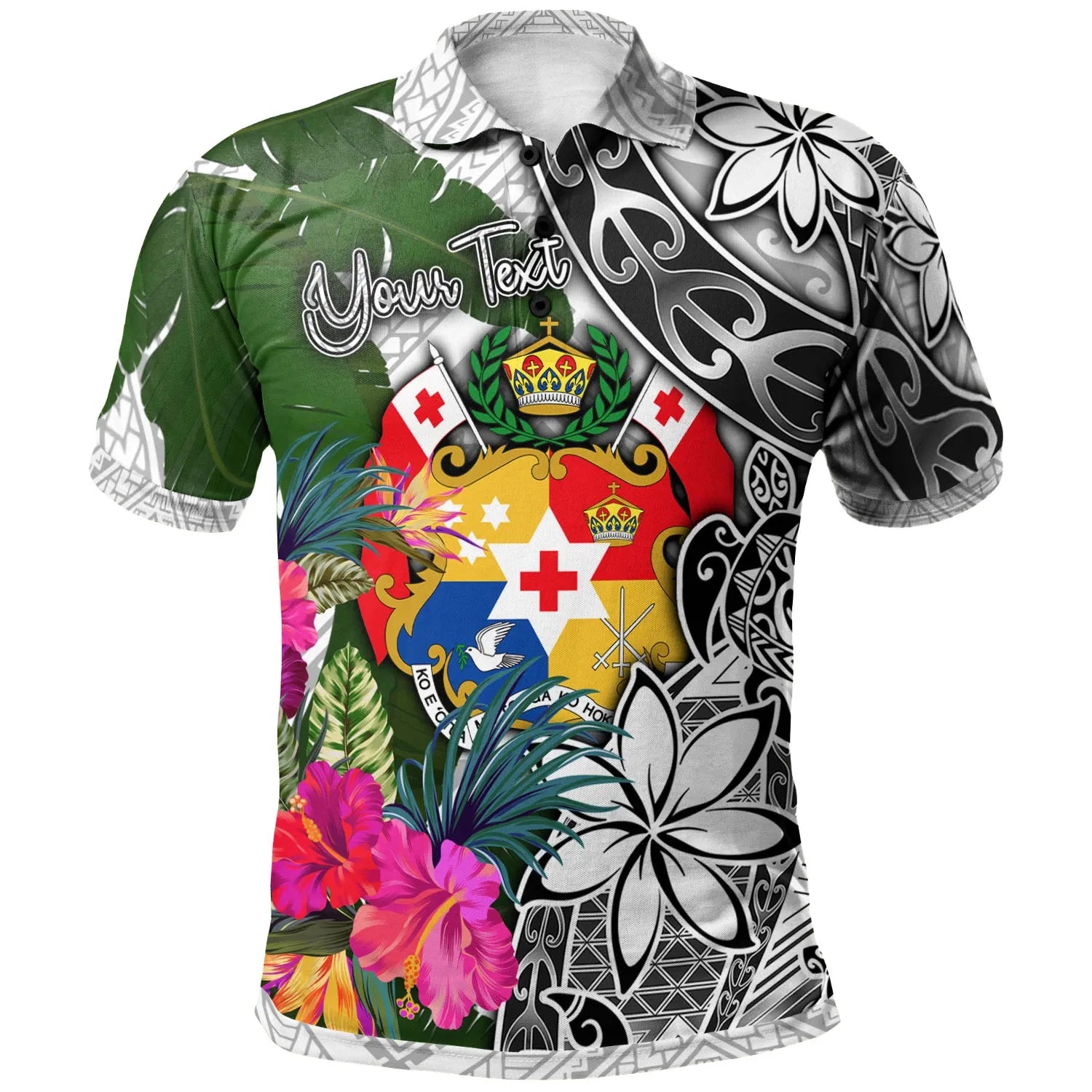 Tonga Custom Personalised Polo Shirt White - Turtle Plumeria Banana Leaf