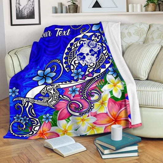 Tonga Custom Personalised  Premium Blanket - Turtle Plumeria (Blue)