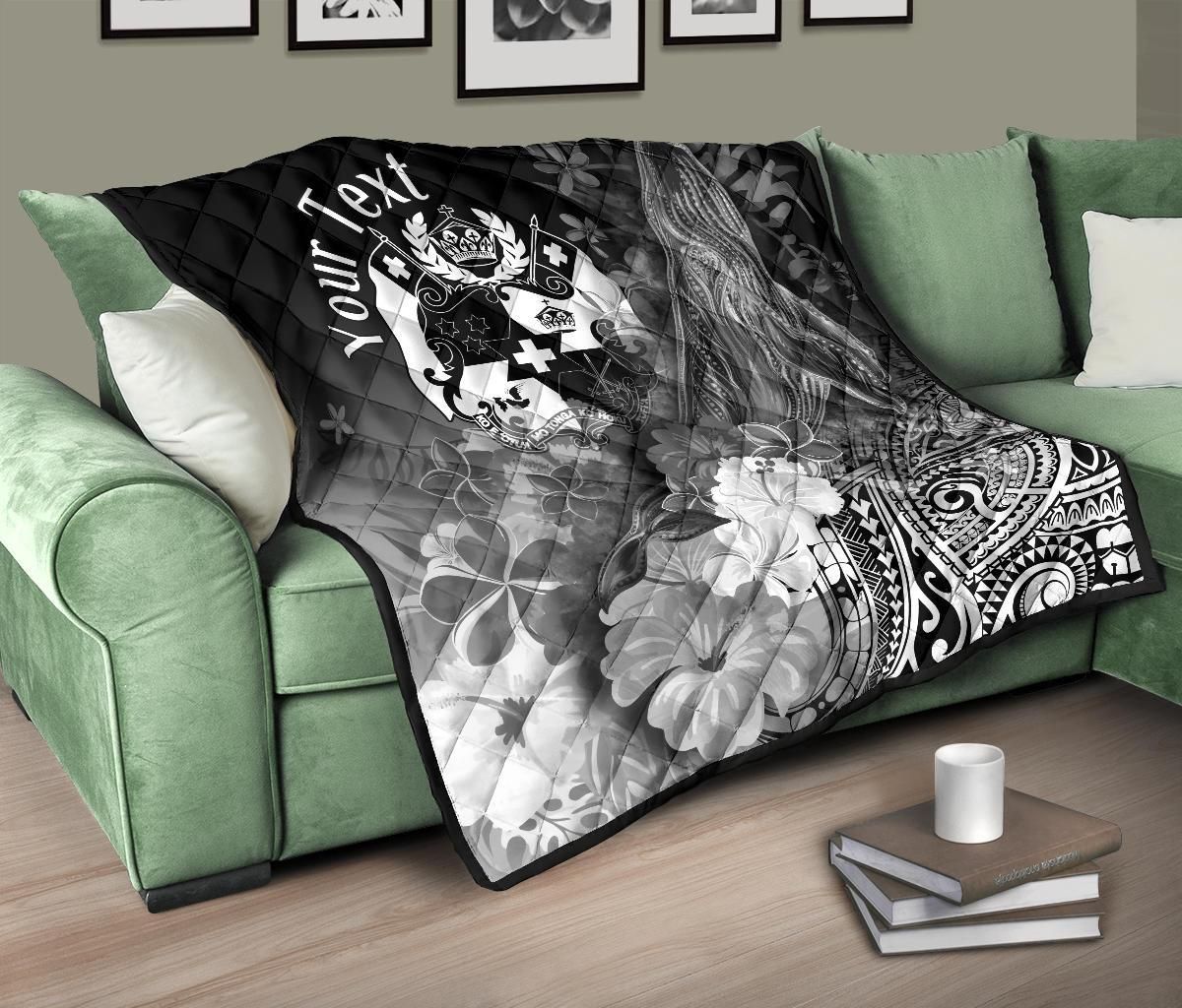 Tonga Custom Personalised Premium Quilt - Humpback Whale with Tropical Flowers (White)